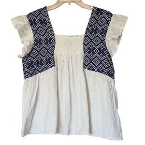 THML Womens White Embroidered Ruffle Cap Sleeve Babydoll Blouse Top Medium